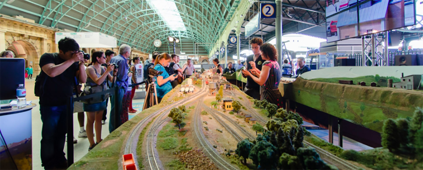 a long miniature train line with people standing either side of the track